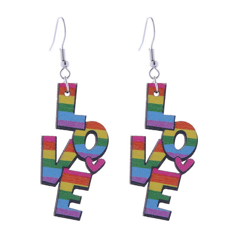 Wholesale LOVE Rainbow Wooden Drop Earrings